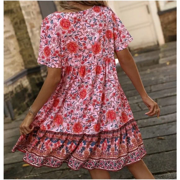 Boho Floral Print Butterfly Sleeve Dress - Picture 4 of 6